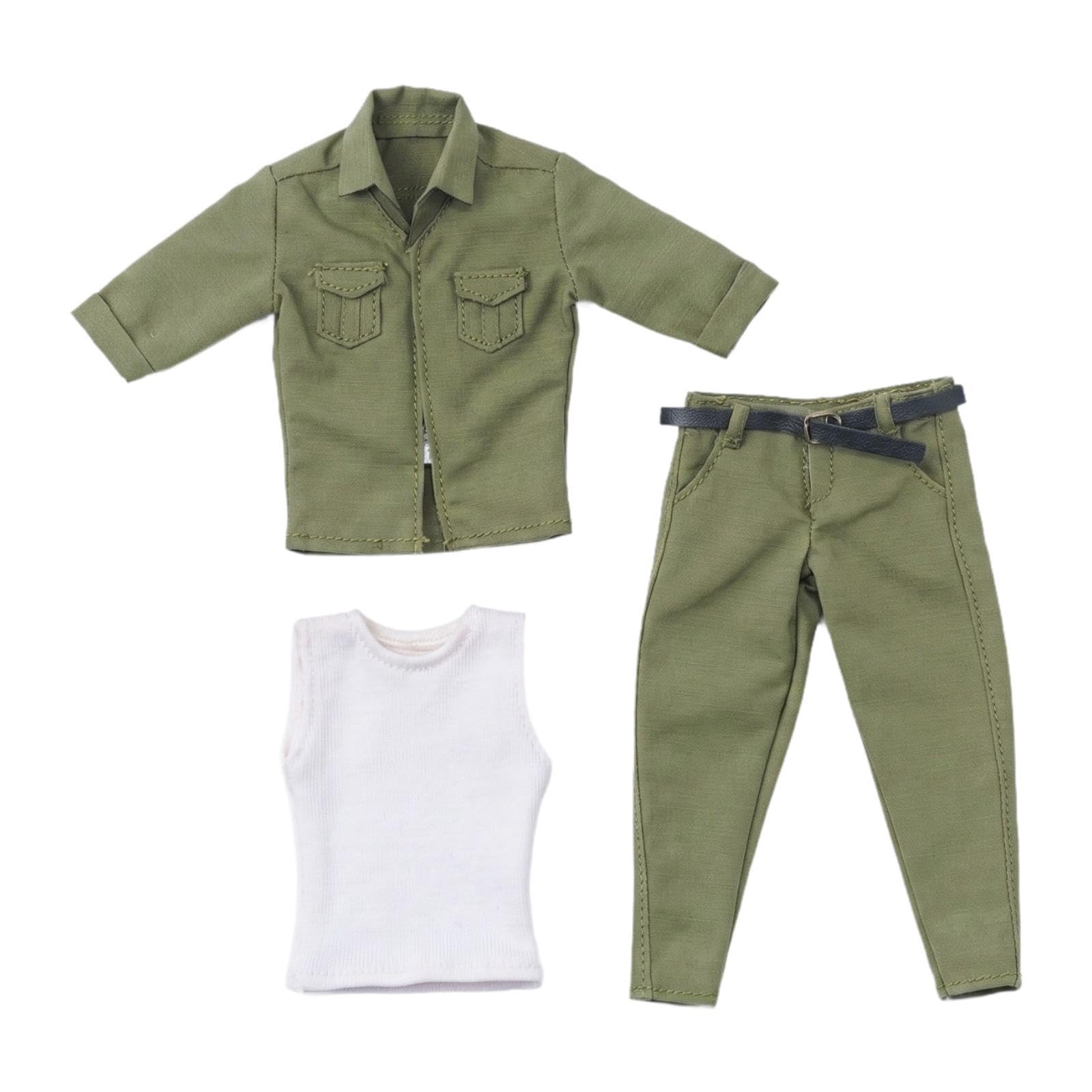 Miniatura Set Abbigliamento Bambola Camicia Pantaloni Gilet Abiti Accessori Tessuto Realistico con Cintura per Figure Azione Adatto per Collezione Reg, Verde