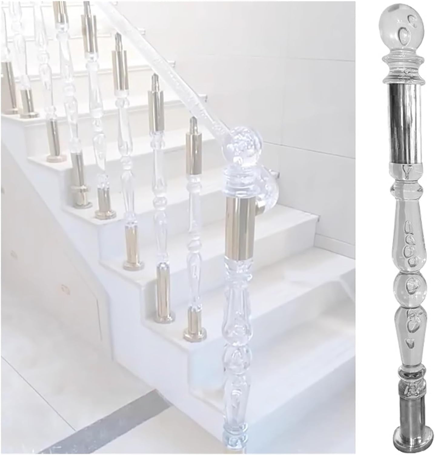Stair Railing Stair Spindle Clear Acrylic Newel Post for Stair Interior Exterior, Modern Transparent Crystal Cap with Metal Base for Balconies Hallways(Gold,120cm/47.2n),Silver-115cm/45.3in