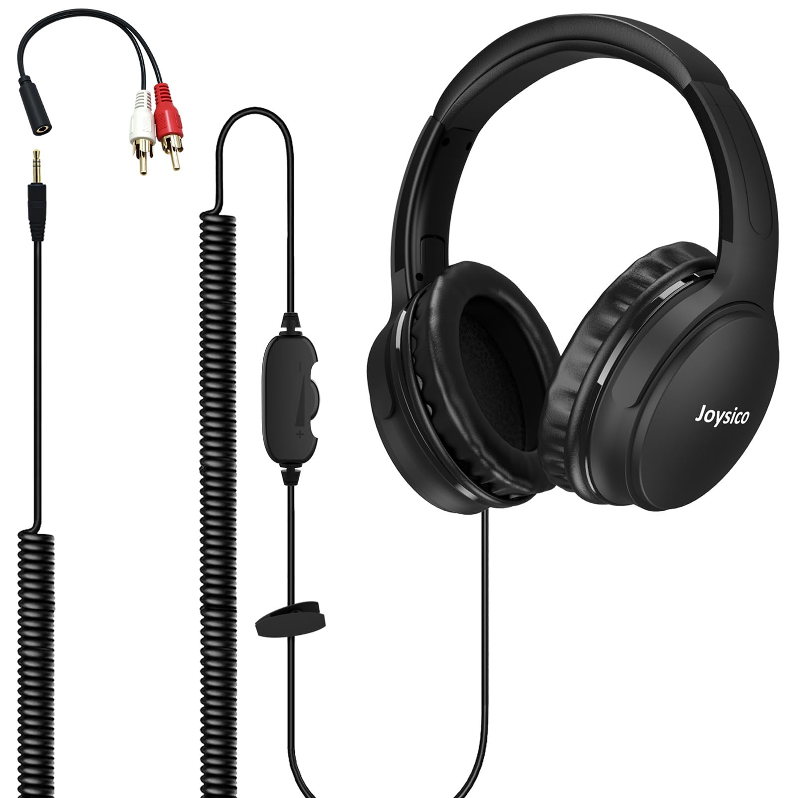 Extra Long 19.5ft/6m TV PC Wired Headphones with Volume Control, Spring Coiled Cable, 3.5mm AUX, Wired Headphones for Seniors with Problems