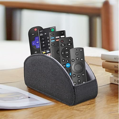 Miniatura 5 de Fanousy Soporte de control remoto de TV para mesa con 5 compartimentos, almacenamiento remoto de piel sintética, organizador remoto para mesita de