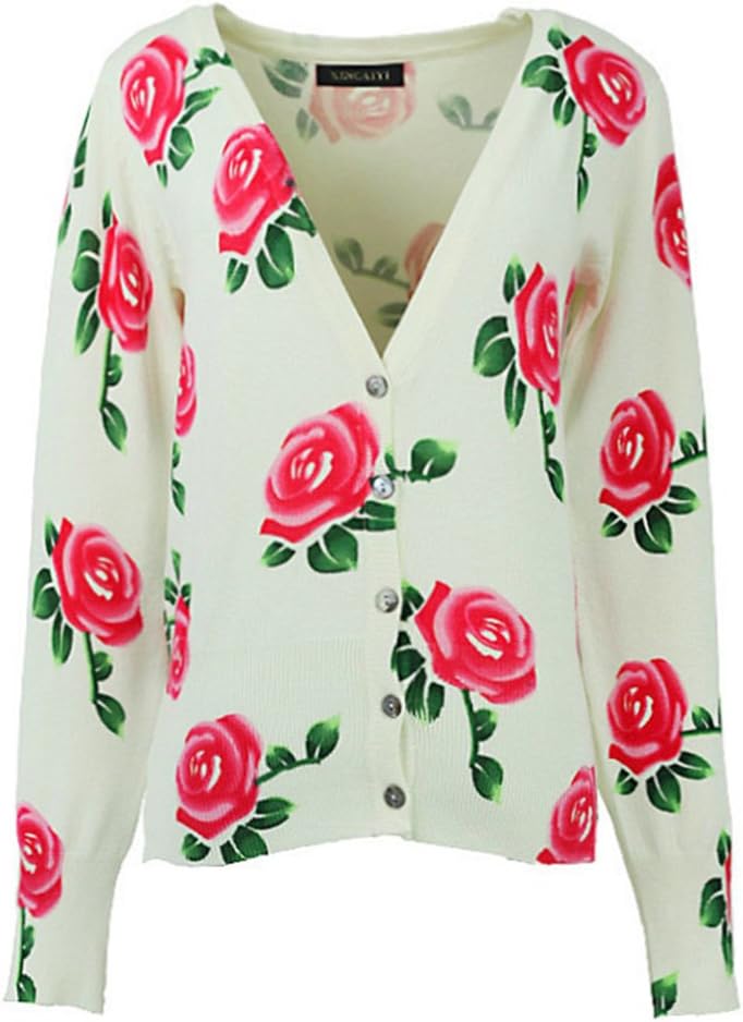 LOCOMO White Colorful Rose Flower Floral Print Pattern Cardigan Shrug White, One Size