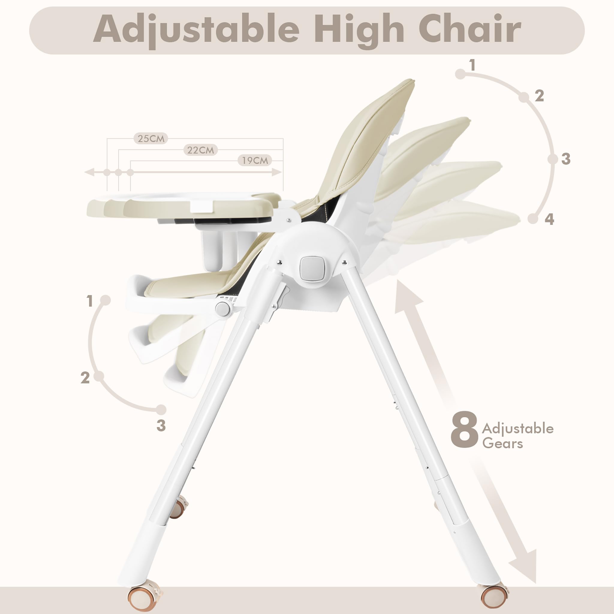 ACXIN Trona plegable para bebé, silla de comedor infantil ajustable en altura con bandeja de doble capa y cinturón de seguridad, trona portátil con función reclinable para el hogar y al aire libre,