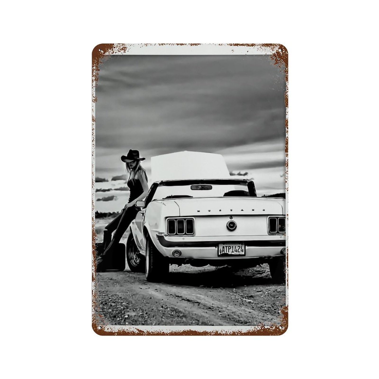xiaoxiaoshen Coastal Cowgirl Retro Mustang Car, Black And White Wall Decor Art Metal Tin Poster Modern Home Decor Art Home Bar Shop Decorations Vintage Sign 30x20cm