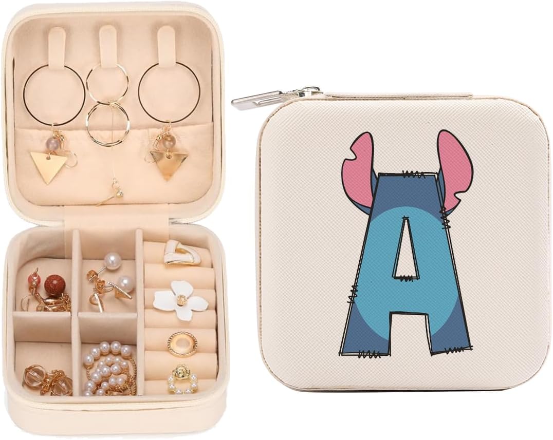LONGXIN Cute Cartoon Gifts, Initial Travel Jewelry Case Small Jewelry Box Organizer, Personalized Gifts for Women Teen Girls, Birthday Christmas Gifts for Cartoon Lovers, Letter A