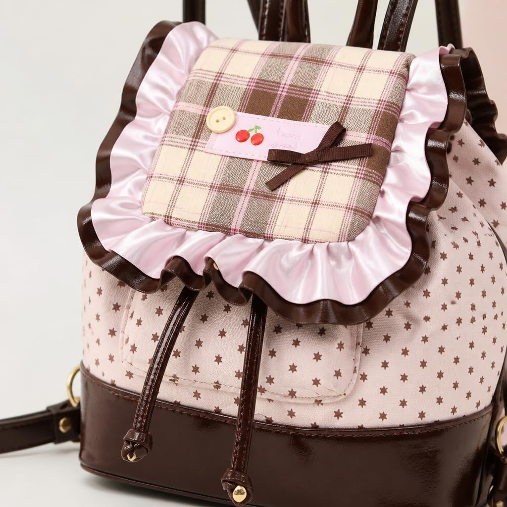 Ruffle Backpack, Pink Mini Bag with Plaid Flap (Pink)