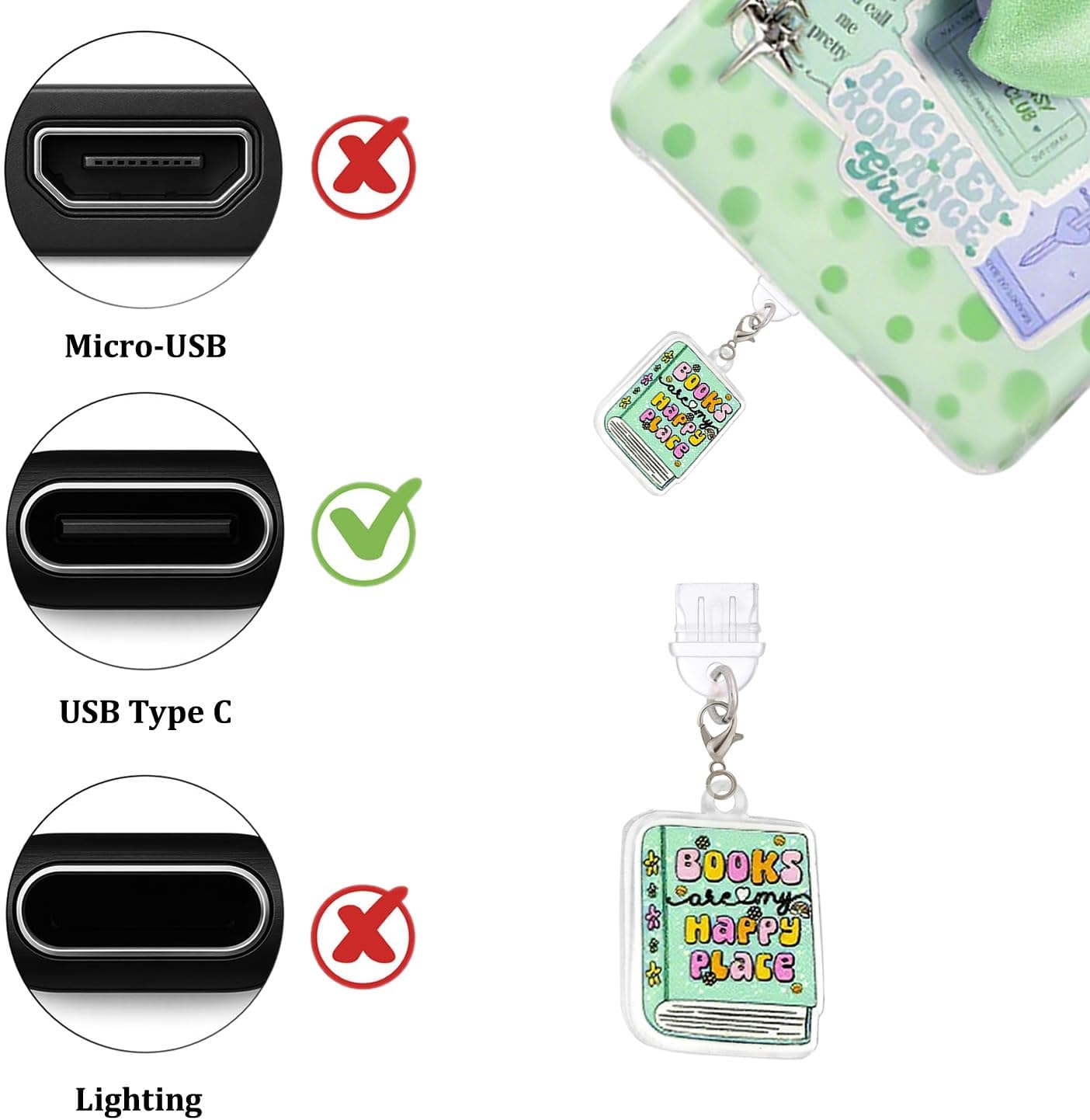 Books Theme Charms Set for Kindle,Including Dust Plug Charm Type C/USB C,Heart Grip Holder, Bow Keychain Accessories,Compatible for Kindle Paperwhite 11th 12th Generation