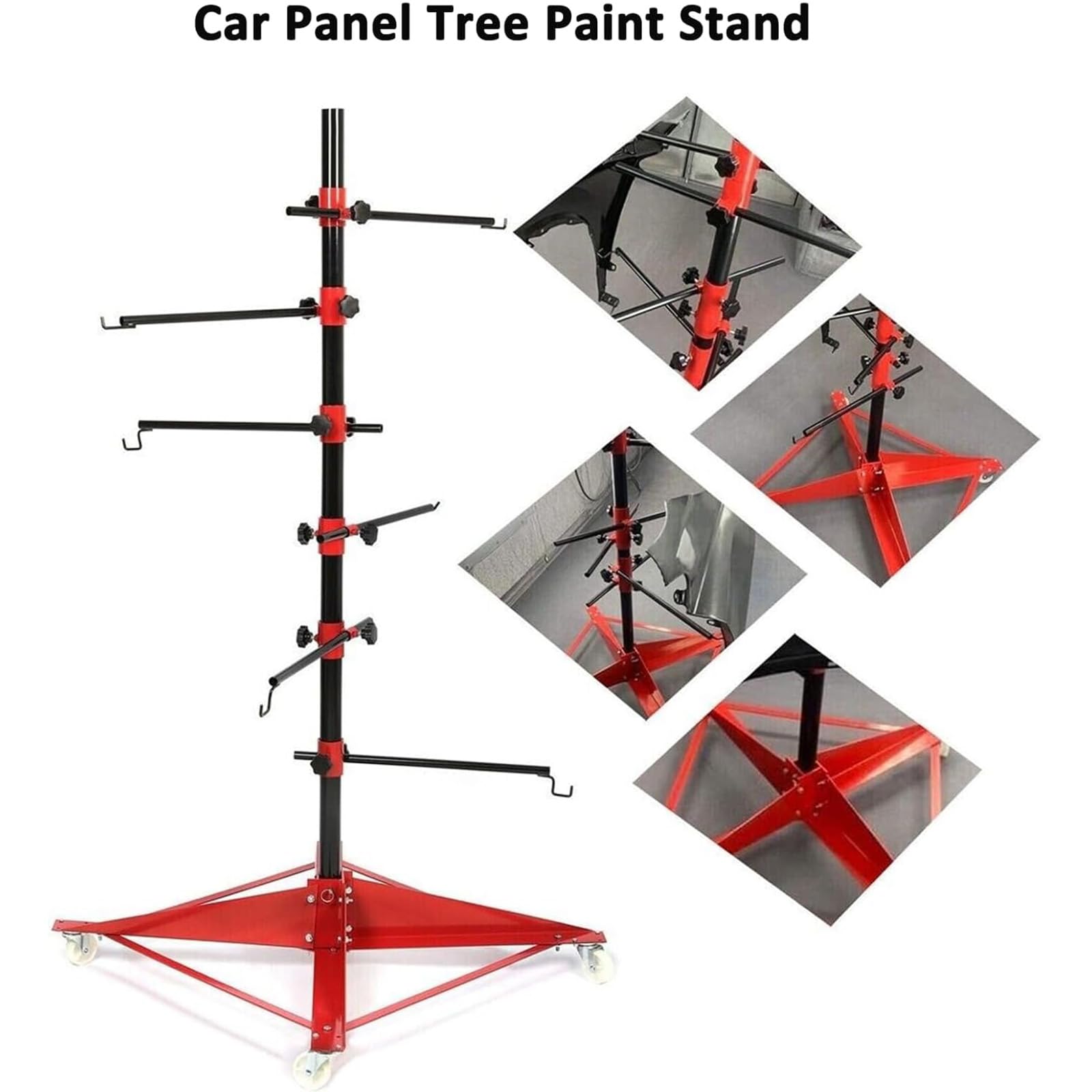 B,Cremagliera per Vernice Spray A Forma di Albero per Pannello per Auto con 6 Ganci Regolabili/4 Ruote, Colonna Centrale Regolabile, Portavernice Spray Multifunzione per Il Corpo