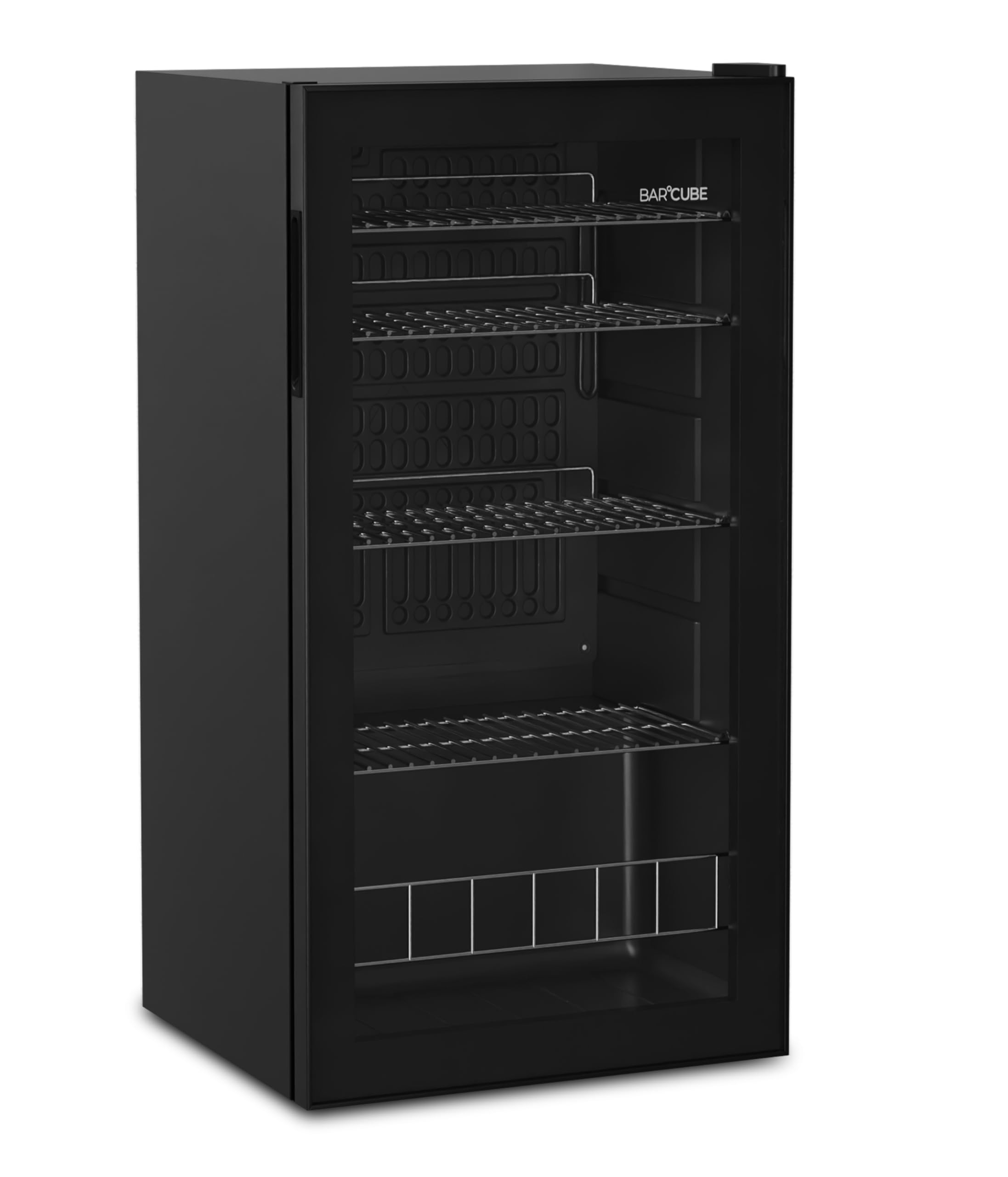 °CUBES BAR°CUBE 90L Getränkekühlschrank mit Glastür LED leiser Mini-Kühlschrank für Dosen Flaschen 4 Ablagen Schwarz