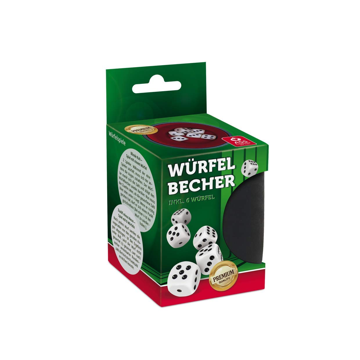 Premium dice cup made of faux leather and plastic with felt insert including 6 cubes