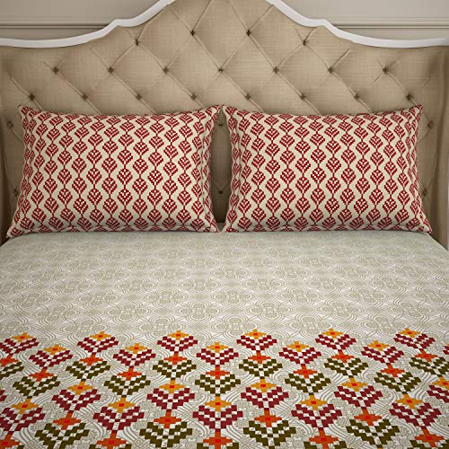 Image of Spaces Atrium Plus 210 TC 100% Cotton Queen Size Fitted Double Bedsheet with 2 Pillow Covers (Floral, 60 inch X 78 inch Inches ) - Maroon