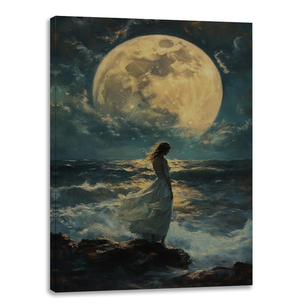 Framed Canvas Print Wall Art Woman by Ocean Waves Under Full Moon Art Poster Framed Artwork Aesthetic Home Wall Decor for Living Room Bathroom Bedroom