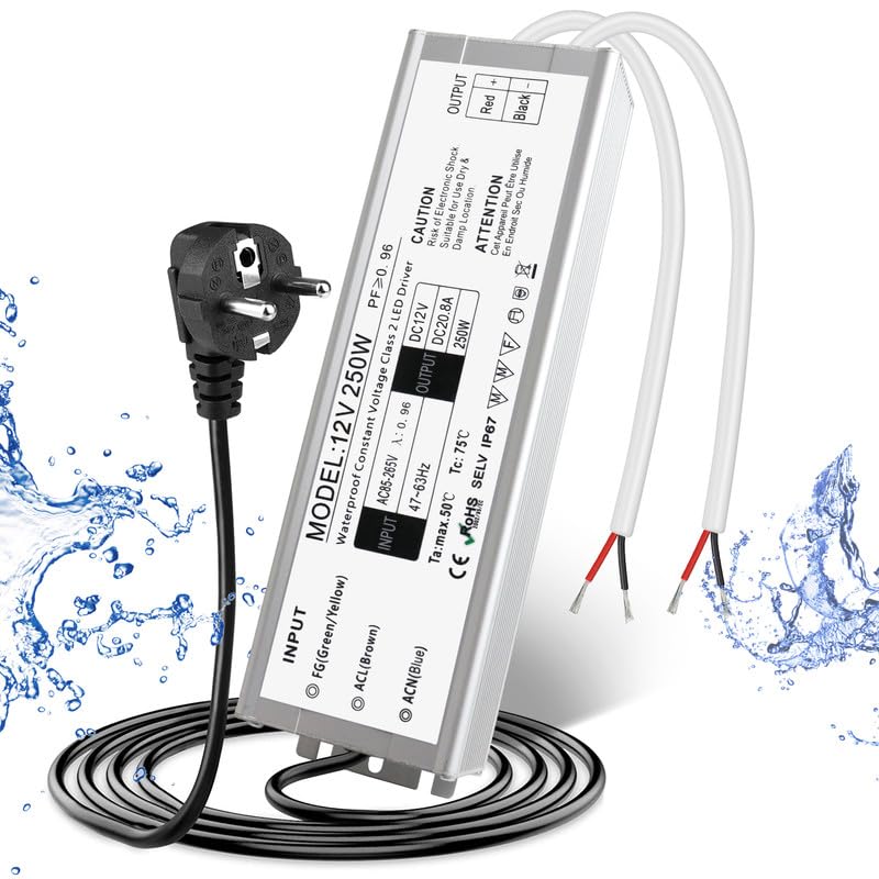 Trasformatore LED 12 V 250 W IP67, trasformatore impermeabile per esterni, con spina, alimentatore a LED, driver da 230 V a DC 12 Volt, adattatore LED Driver esterno per luci LED