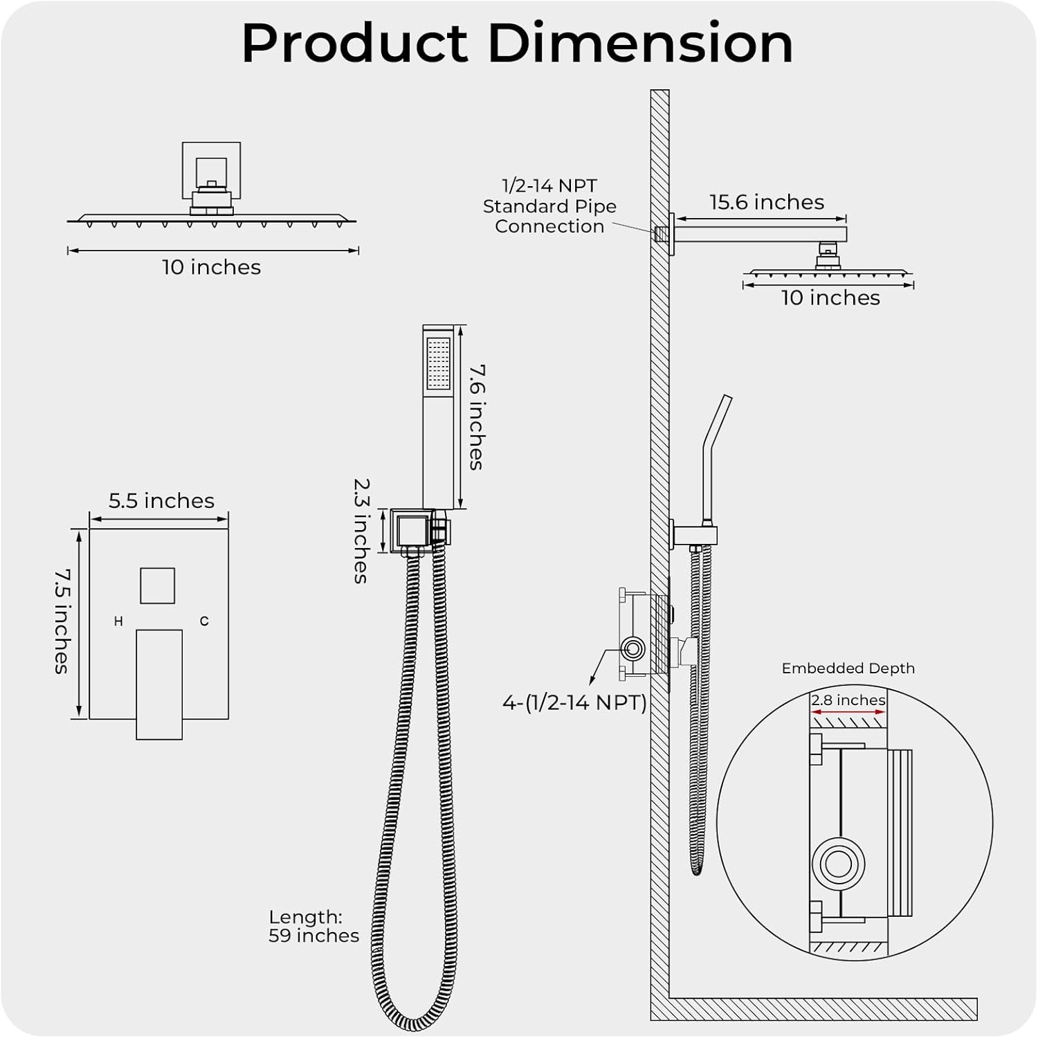 Black Shower Faucet Set, 10 inch Rain Shower System with Pressure Balance Valve, Wall Mounted 2-Functions Bathroom Shower Systems with Rain Shower and Handheld Spray Shower Trim Included - Image 6