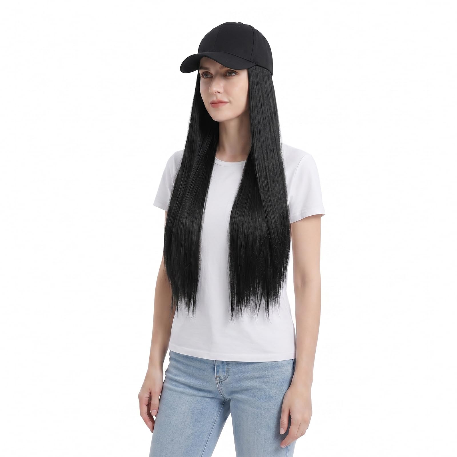 RUIXIA Womens Baseball Wig Cap with Straight Long Hair Synthetic Heat Resistant Hat Natural Adjustable Daily Travel Party Hat