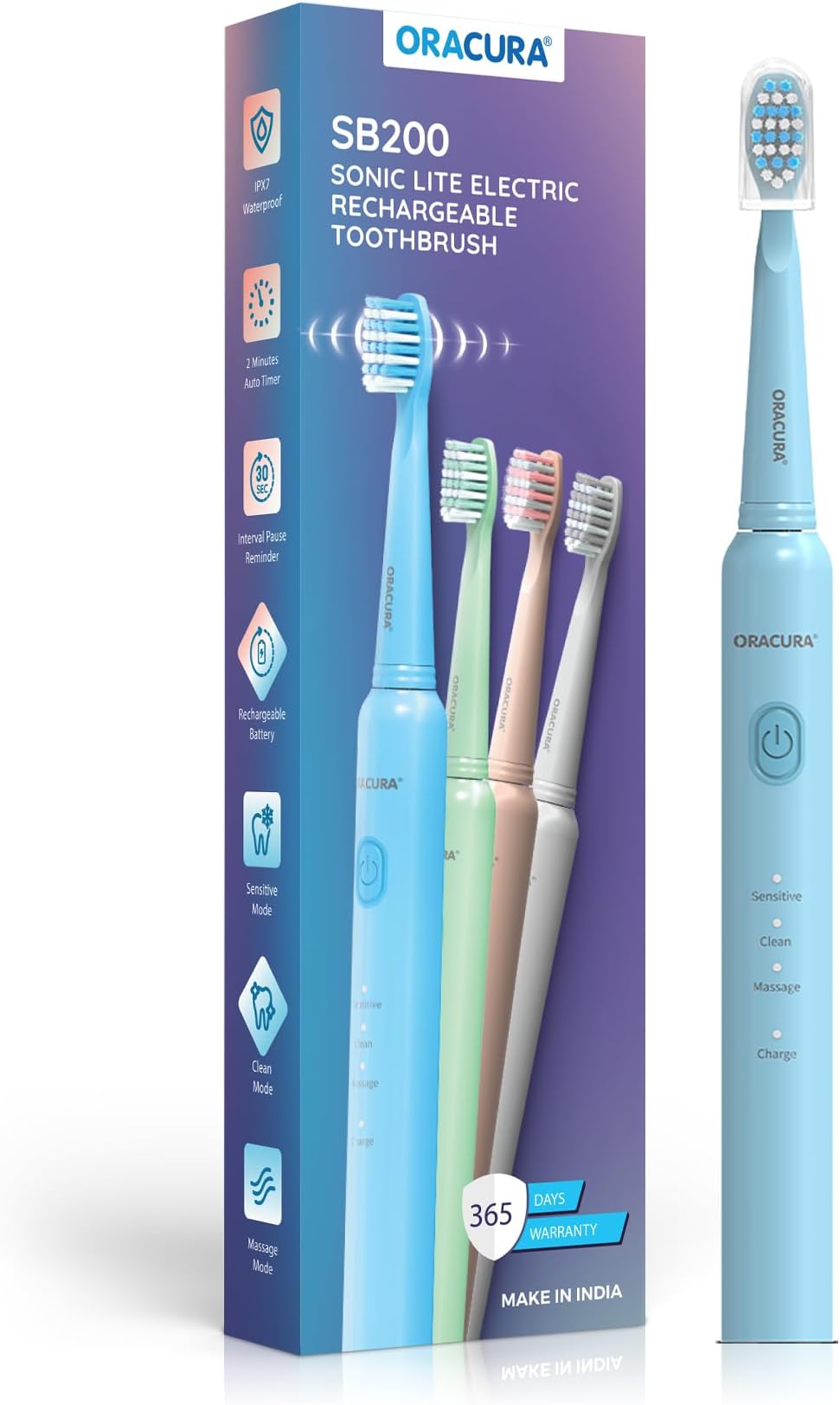 ORACURA SB200 Blue Electric Toothbrush for Men & Women, 1 Year Warranty, 36,000 strokes/min, 3 Modes, IPX7 Waterproof, 25 Days Charging Time Cycle, 2 Mins Auto-Timer