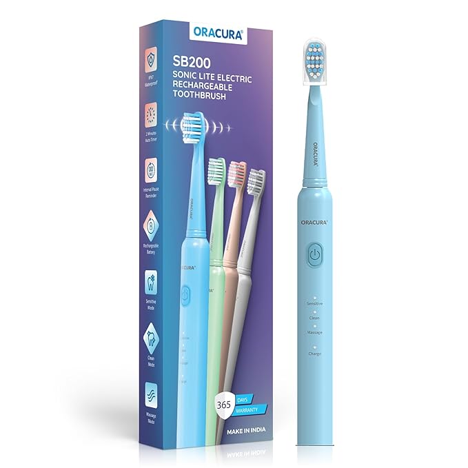ORACURA SB200 Blue Electric Toothbrush for Men & Women, 1 Year Warranty, 36,000 strokes/min, 3 Modes, IPX7 Waterproof, 25 Days Charging Time Cycle, 2 Mins Auto-Timer