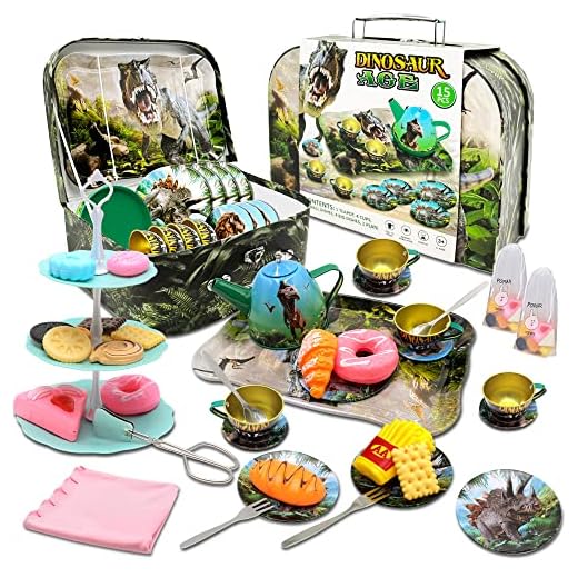 DORLETEM 44pcs Tea Set for Little Girls Boys, Tea Party Time Play Toy Dinosaur Theme Kitchen Pretend Play Tin Tea Party Set, Teapot Gifts for for 3 4 5 6 7 Year Old Kids Toddlers Toy