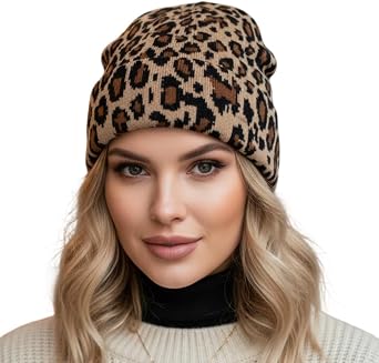 Beanie Hat for Women Men Unisex Cuffed Y2K Leopard Print Winter Knit Skull Cap Warm Knitted Cap