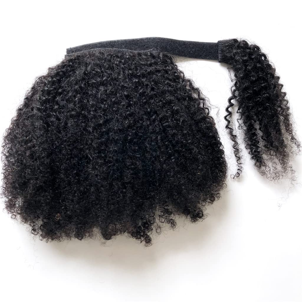 4C Natural Curly Ponytail Extension Clip in Hairpiece 12" Black Natural Human Hair Extension Wrap Around PonyTail for Black Women