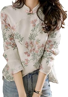 Bollrllr Korean Japanese Floral Pattern Cheongsam Top Women's Cotton Linen Shirt Retro Button Women's Blouse