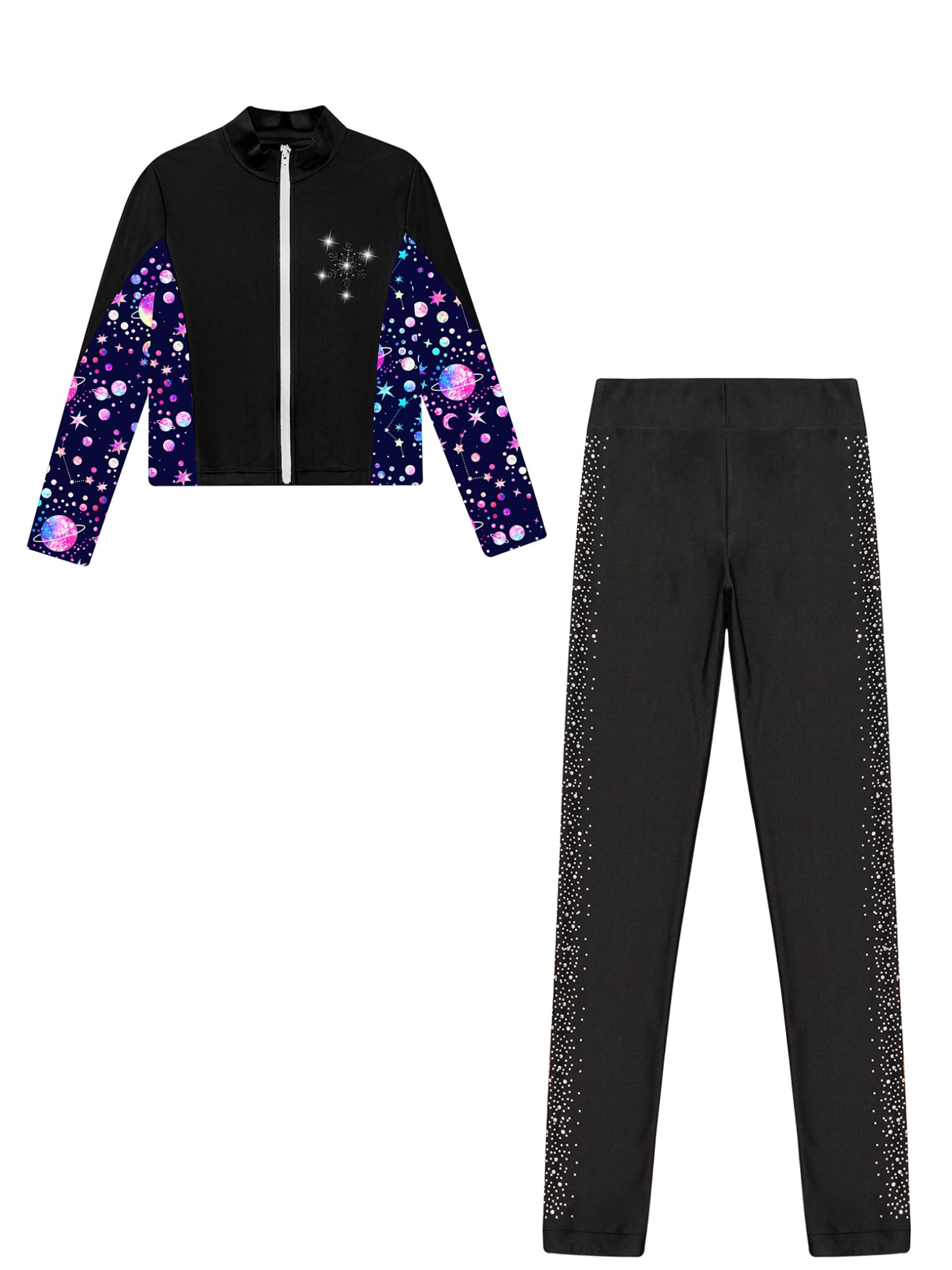 Freebily Kinder Eiskunstlauf Anzug Mädchen Bedruckte Jacke Glitzer Strass Eiskunstlauf Hose Set Wettkampf Workout Sport Outfit Skating Suit