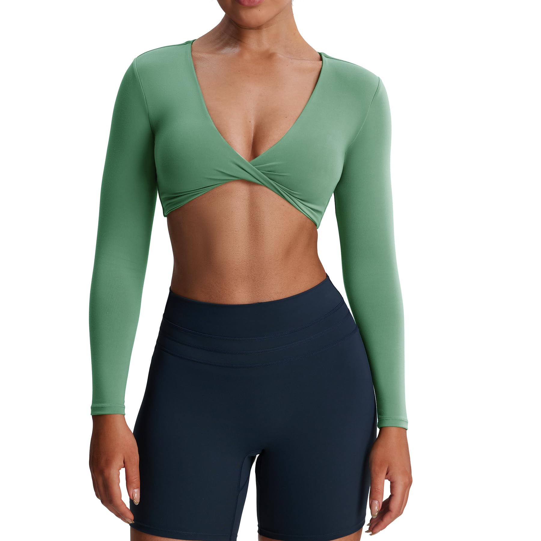 Aoxjox Long Sleeve Crop Tops for Women Metamorph Sienna Twist Deep V Workout Cropped T Shirt Top