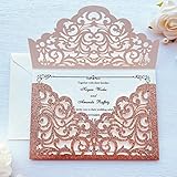 KUCHYNEE 5.1 x7.1 inch 50PCS Rose Gold Glitter Laser Cut Flora Wedding invitation Pocket with Envelopes Wedding Invitations Kit for Quinceanera Bridal Shower Party Invite