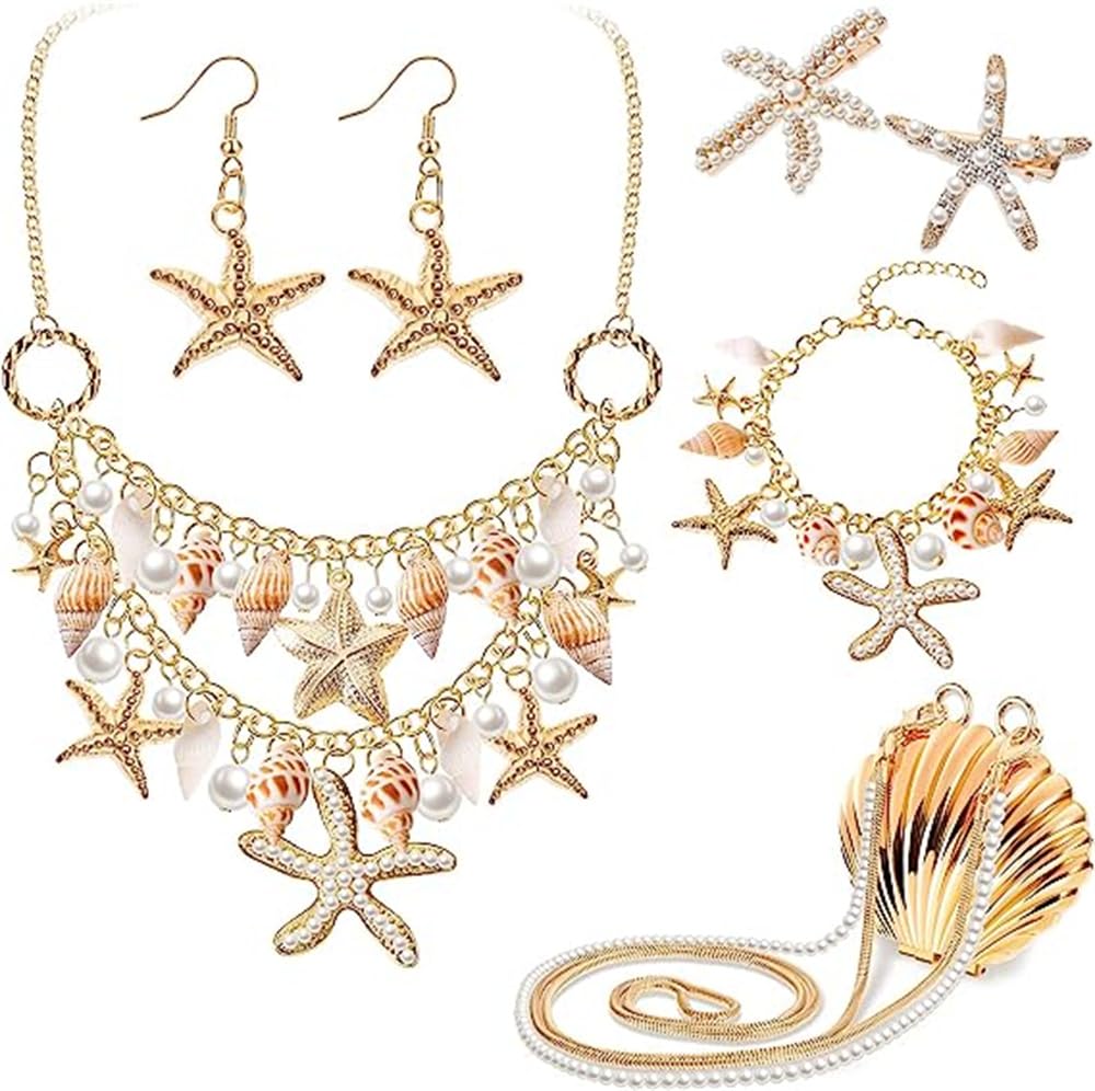 AzoneeMermaid Jewelry, Shiny Gold Summer Beach Costume Accessories Set, with Conch Sea Starfish Pendant Necklace, Earrings, Bracelet, Seashell Purse, 2 Starfish Hair Clips, Total 6 Pcs
