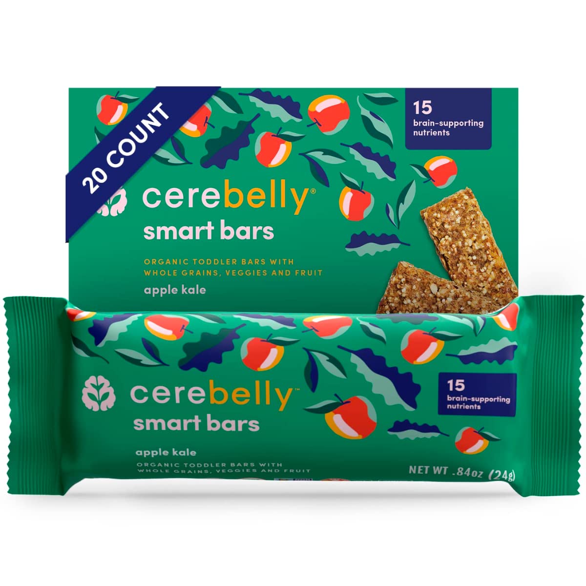 Cerebelly Toddler Snack Bars – Apple Kale Smart Bars (20 ct, Pack of 1), Healthy Snack Bars for Kids - 16 Brain-supporting Nutrients - Made with Gluten Free Ingredients, Nut Free, No Added Sugar