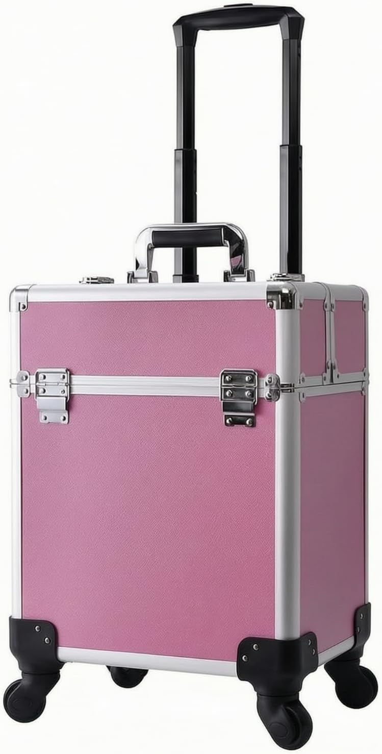 Almencla Cosmetic Organizer Case Rolling Makeup Train Case Trolley With Compartmented Interior And Tray Sections With Telescopic Handle And Swivel Wheels, European Retro, Pink, Pink