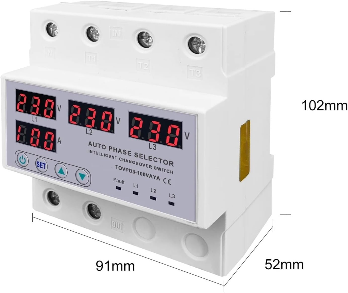 100A 3 Phase 3P+N Rail Phase Selector Adjustable Overvoltage and Undervoltage Current Protection Monitoring Relay