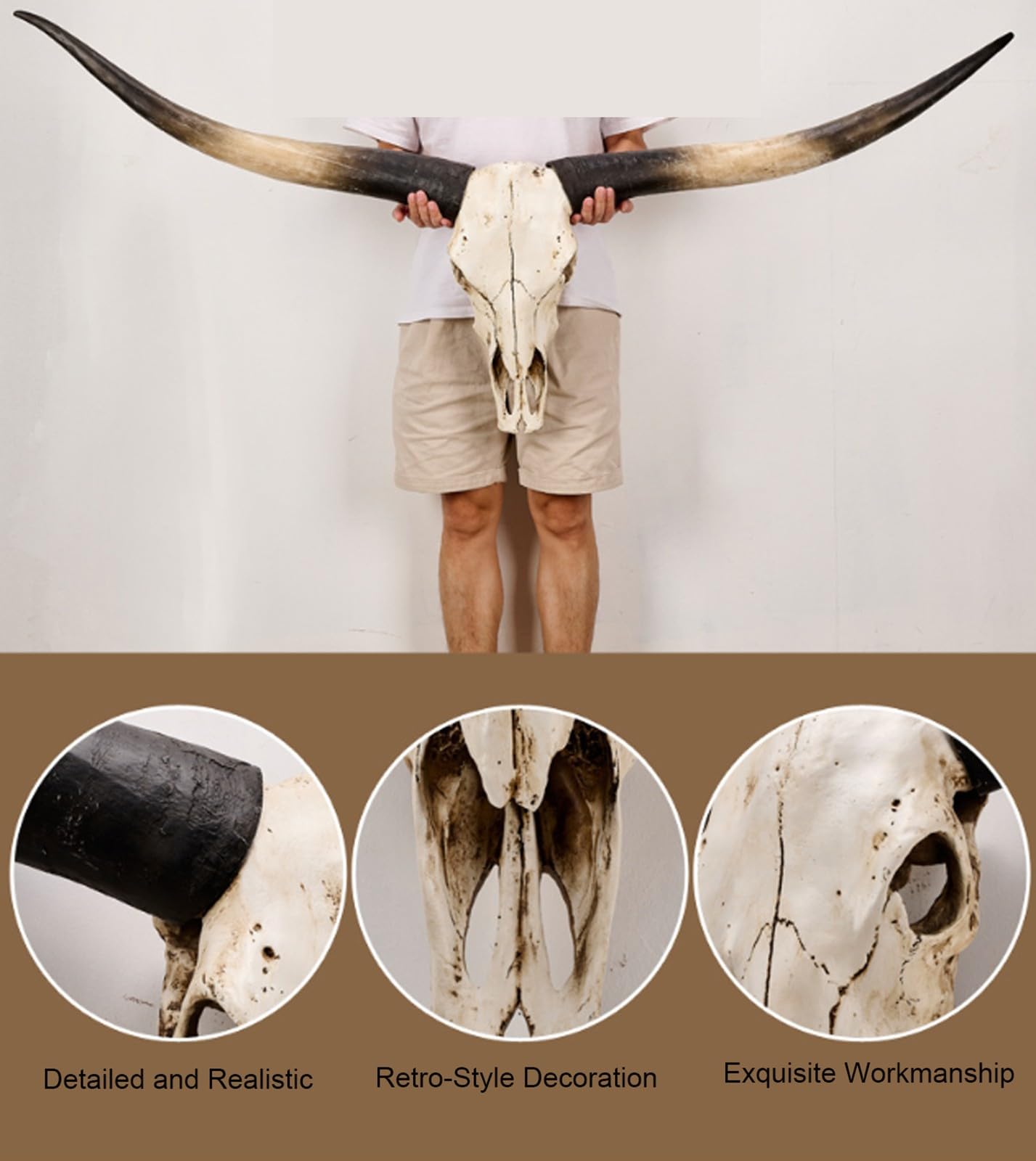 Żywiczna dekoracja ścienna w kształcie krowy czaszka z długimi rogami, 3d rzemiosło ozdoby bardzo duże z otworem do zawieszania (D-178 x 70 cm/70 x 27,5 cala)