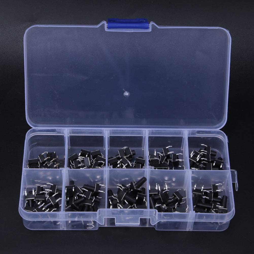 100Pcs 10 Different Size Tact Switch 4 Pin for Toy, Telephone, Calculator, TV, Home Appliance with Plastic Box