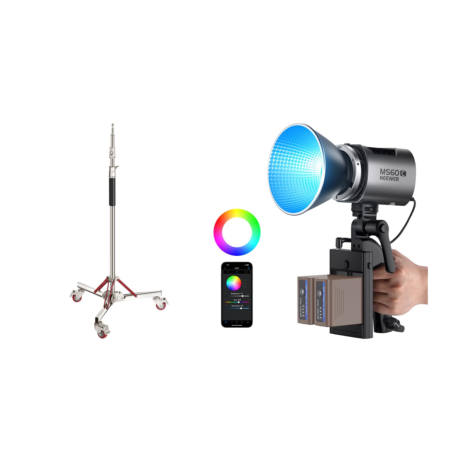 Neewer Heavy Duty Light Stand with Casters, Adjustable Tripod Stand with 100% Stainless Steel, Photography Wheeled Base Stand for Studio Softbox Monolight Reflector, MS60C LED Video Light Kit Included