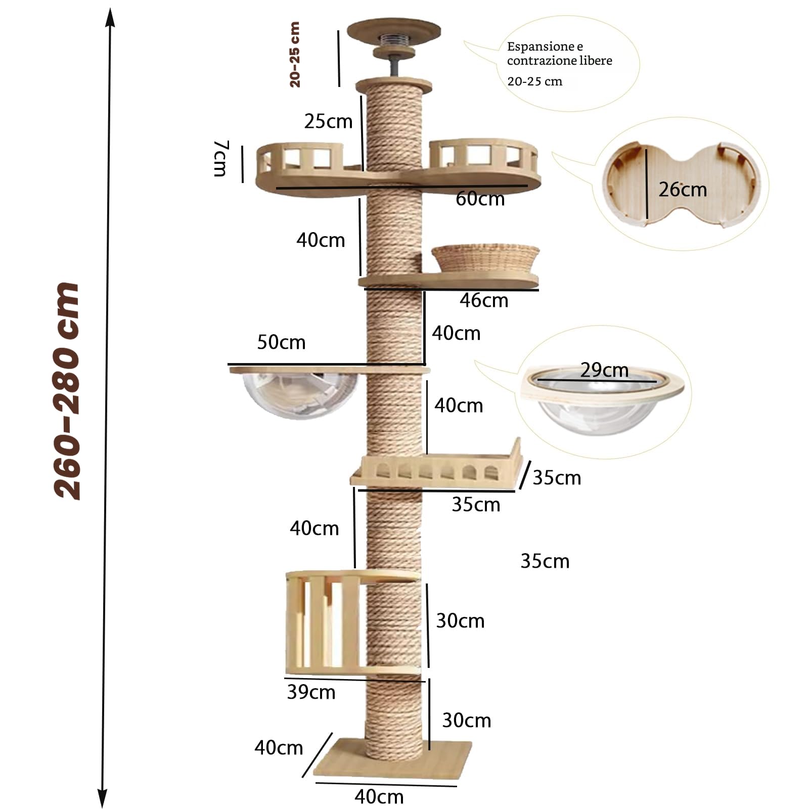 Tiragraffi a soffitto, tiragraffi alto, capsula stanza, amaca per gatti, completamente avvolta in corda di sisal, capsula per stanza, gabbia per gatti (240~280 cm T03), altezza del soffitto