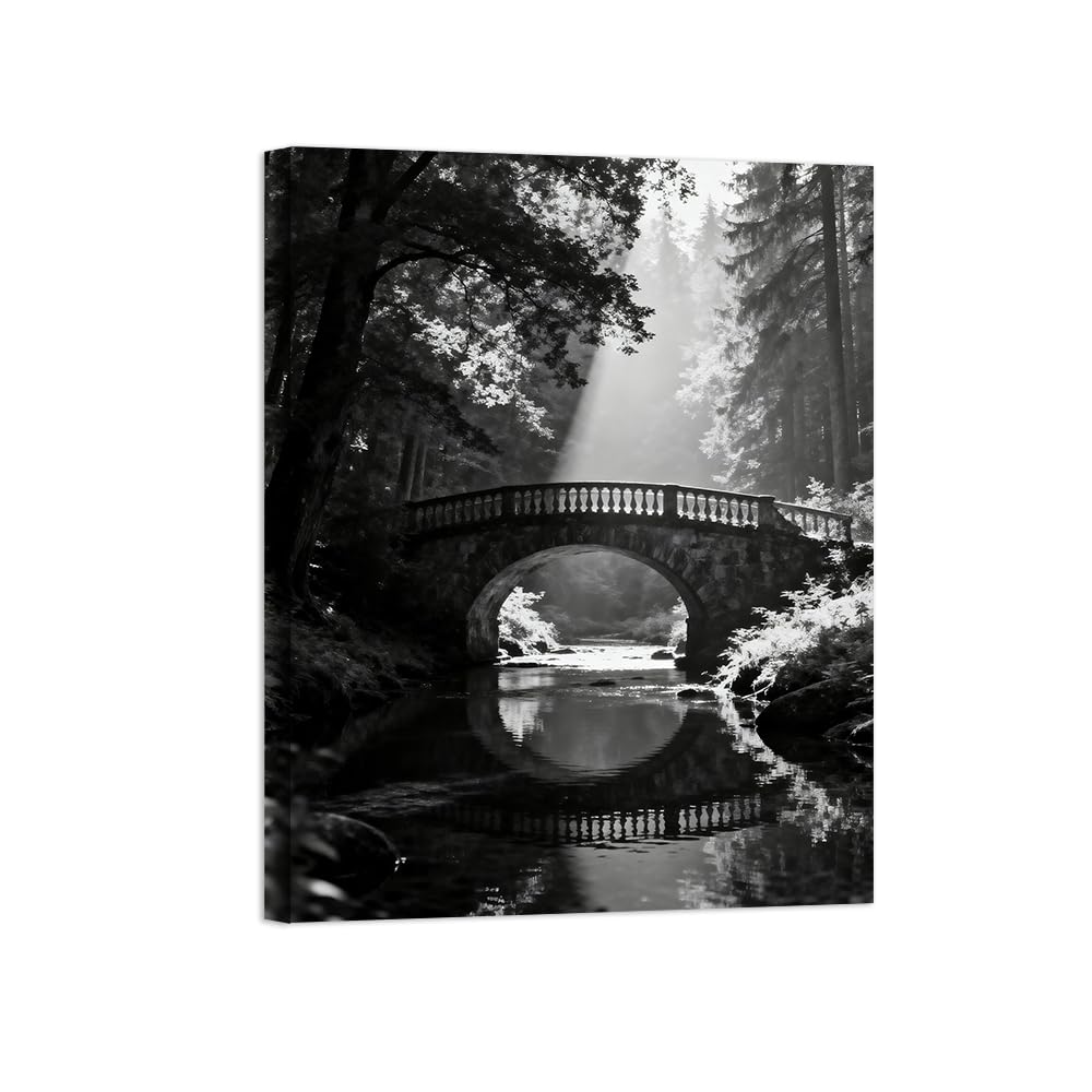 OZPWBVY Black and White Landscape Print Painting-Forest Bridge River-Minimalist Canvas Wall Art Picture for Home Ready to Hang 24x31in 60x80cm Wrapped Canvas
