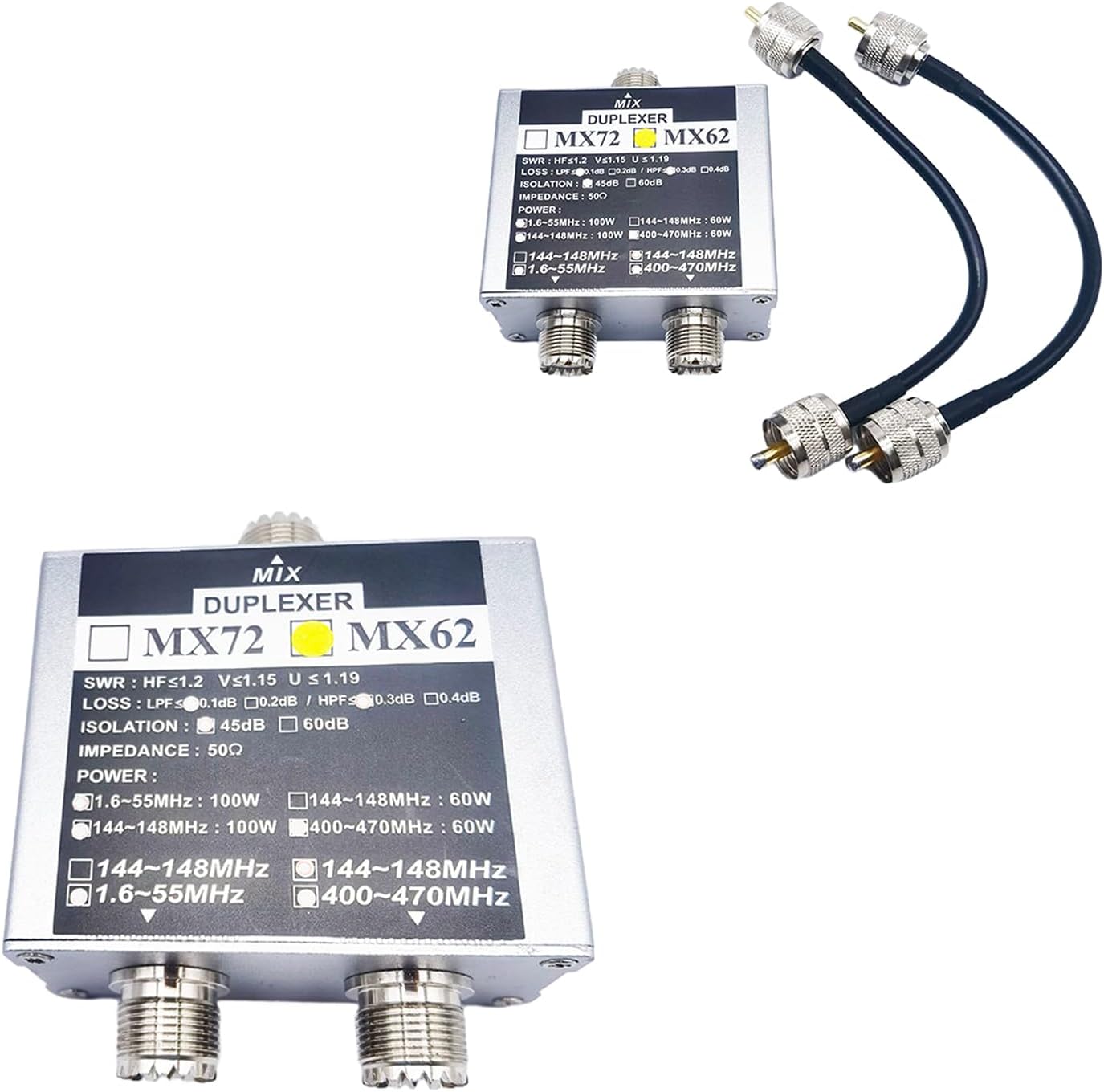 Grotera MX62 Duplexer with cables connected, showing front and top views