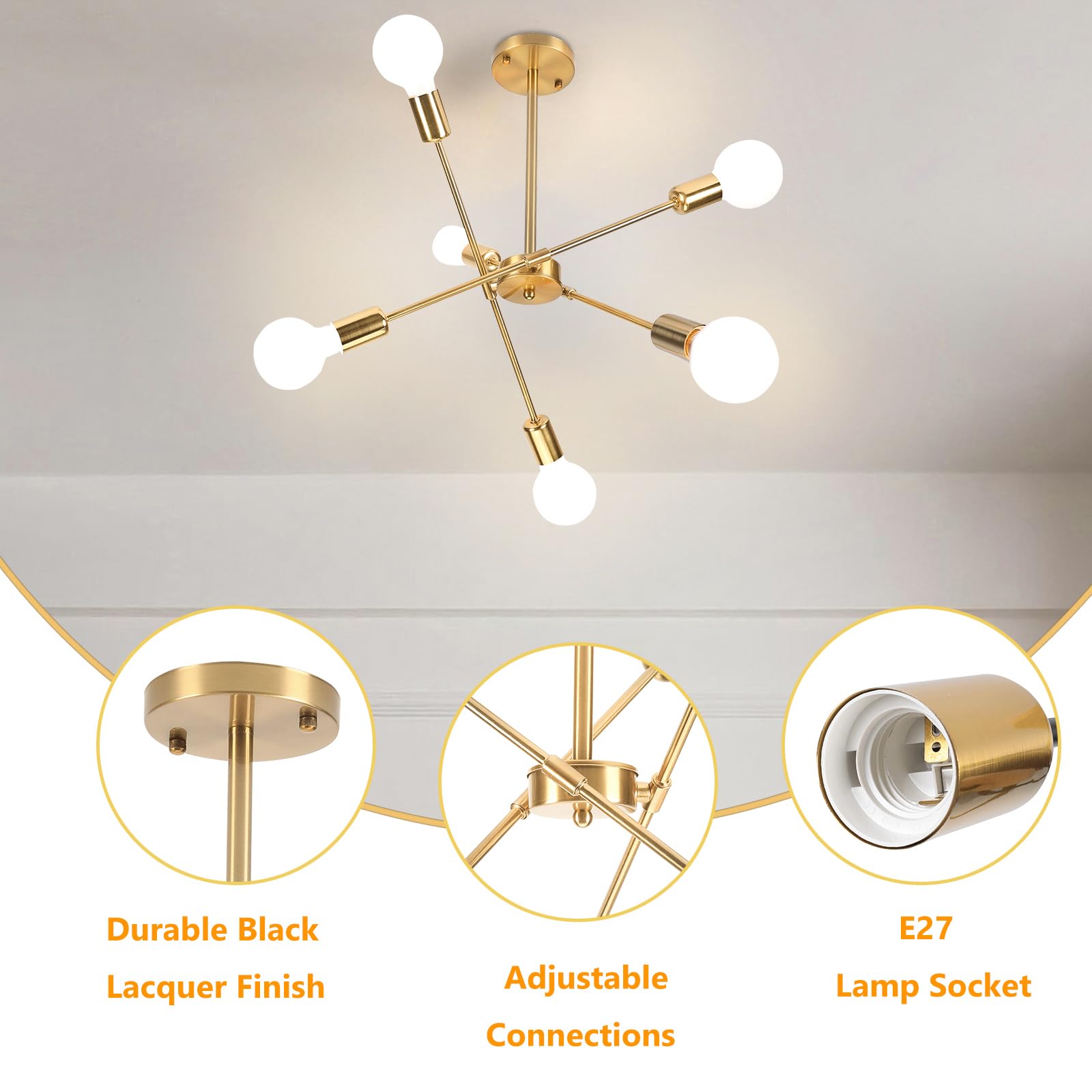 iDEGU żyrandol przemysłowy, 6 świateł, lampa sufitowa, LED, vintage, metalowa, regulowana, zawieszka, E27, oświetlenie retro, lampa sufitowa, do salonu, kuchni, jadalni, sypialni (złota)