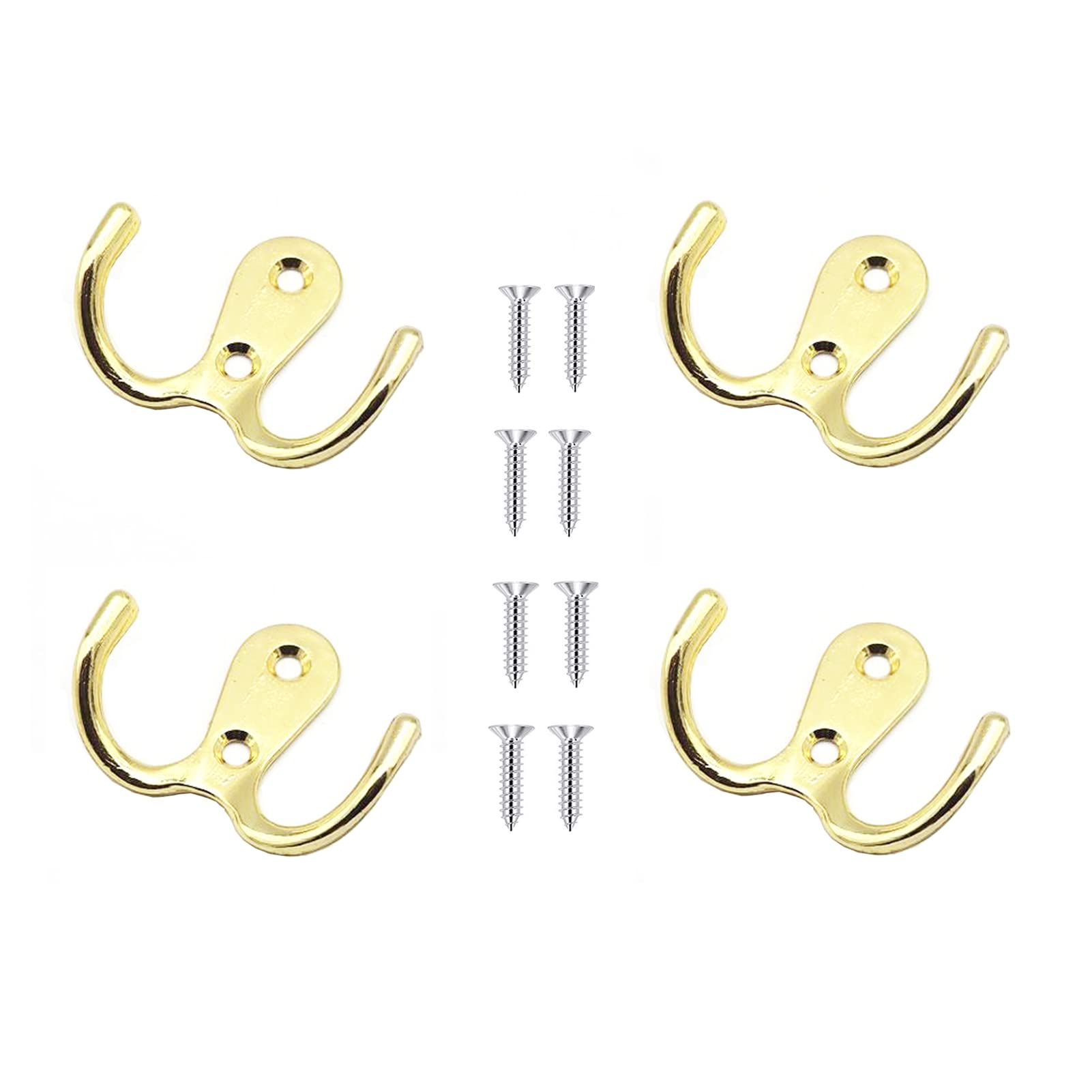 Yesmin Gold 4 Pcs Double Prong Robe Hooks, Dual Coat Hooks Wall Mounted Hanging Clothes For Bathroom Bedroom Door Wall Retro Metal Cloth Hanger Double Coat Hooks With 8 Screws (Gold)