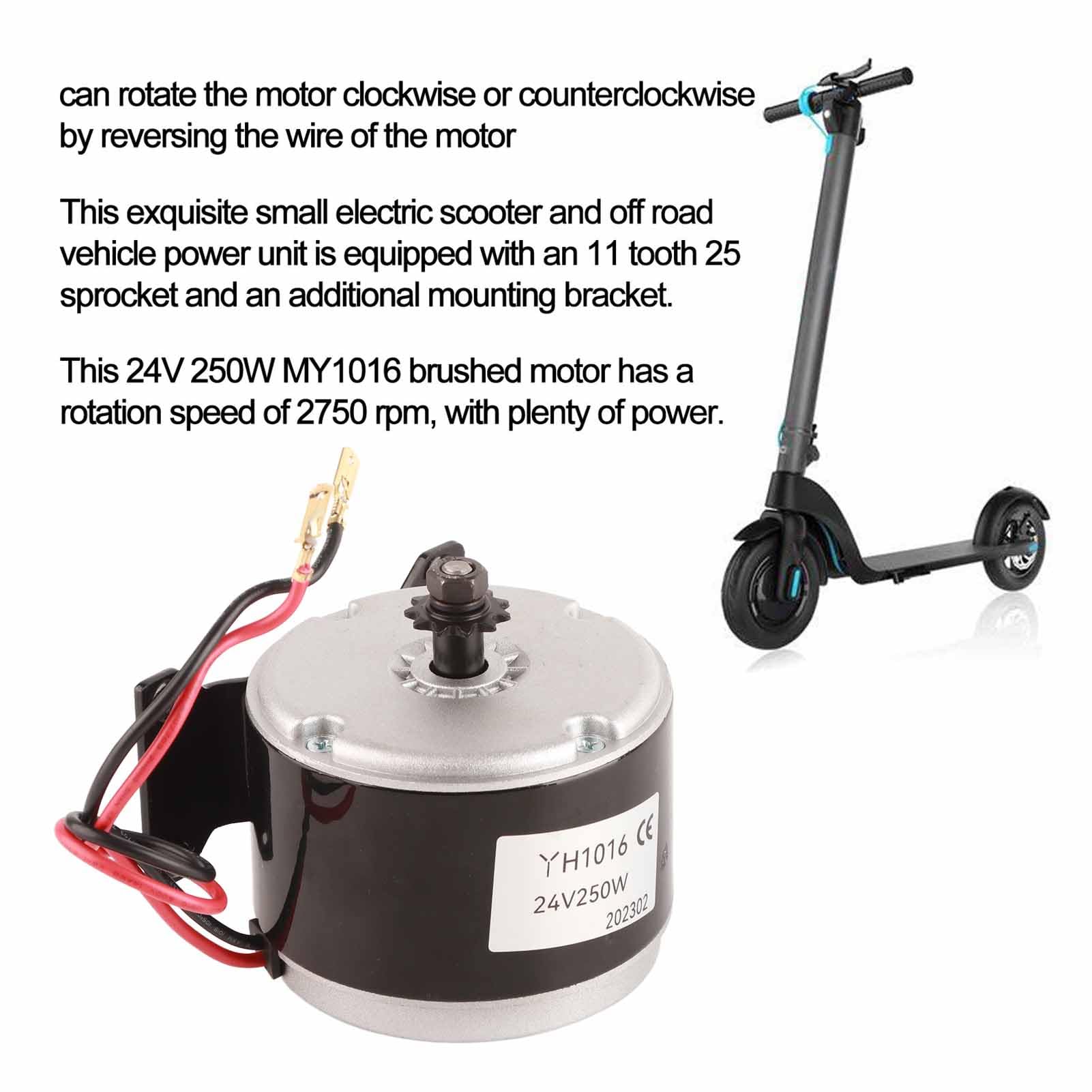 YH1016 Motore elettrico a spazzole da 24 V, 250 W, motore CC ad alta velocità di 2750 giri/min per scooter elettrici e veicoli fuoristrada, con pignone a 11 denti e staffa di