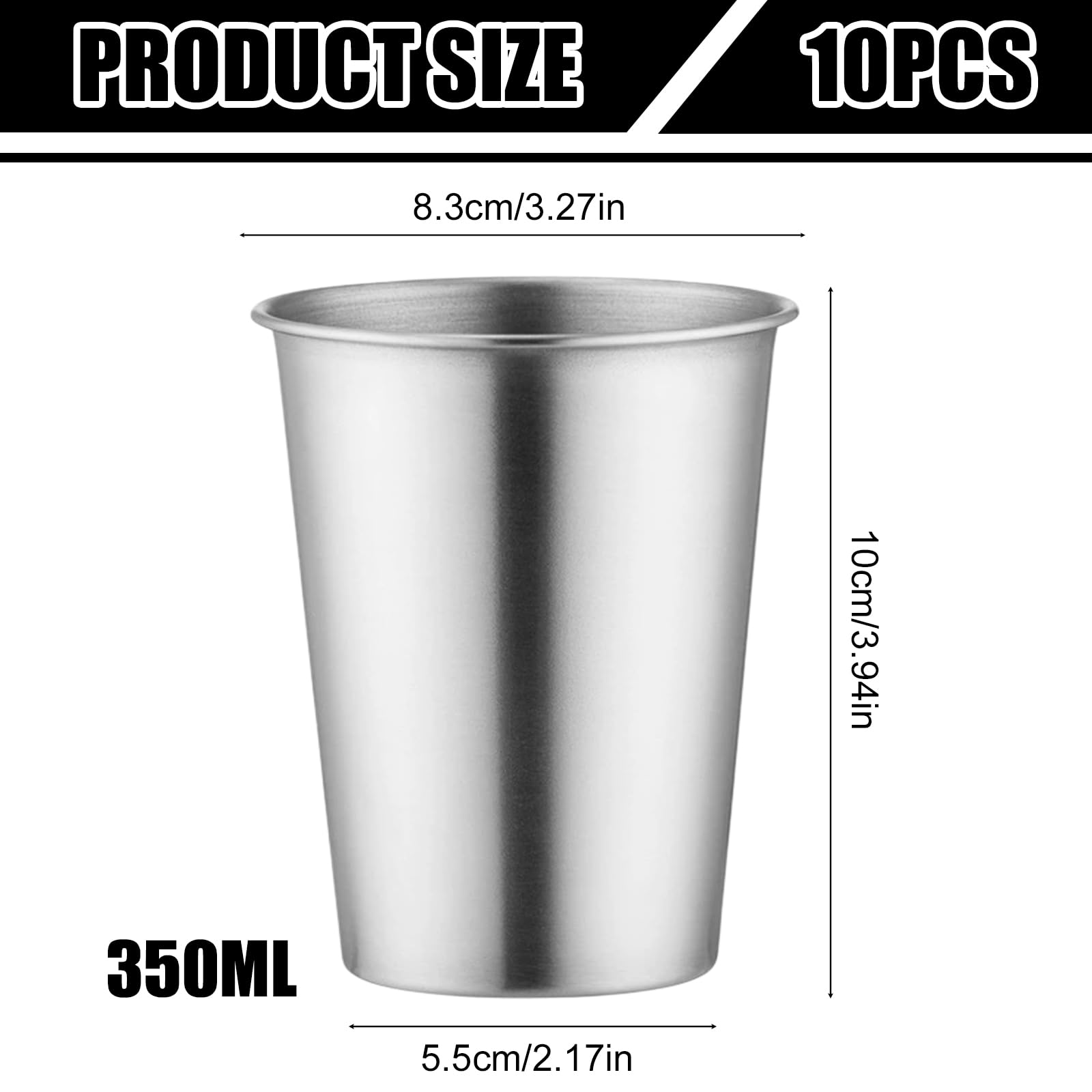 10 bicchieri in acciaio inox da 350 ml: impilabili in metallo, in acciaio inox, SUS304, pieghevoli, in metallo, per picnic e gastronomia