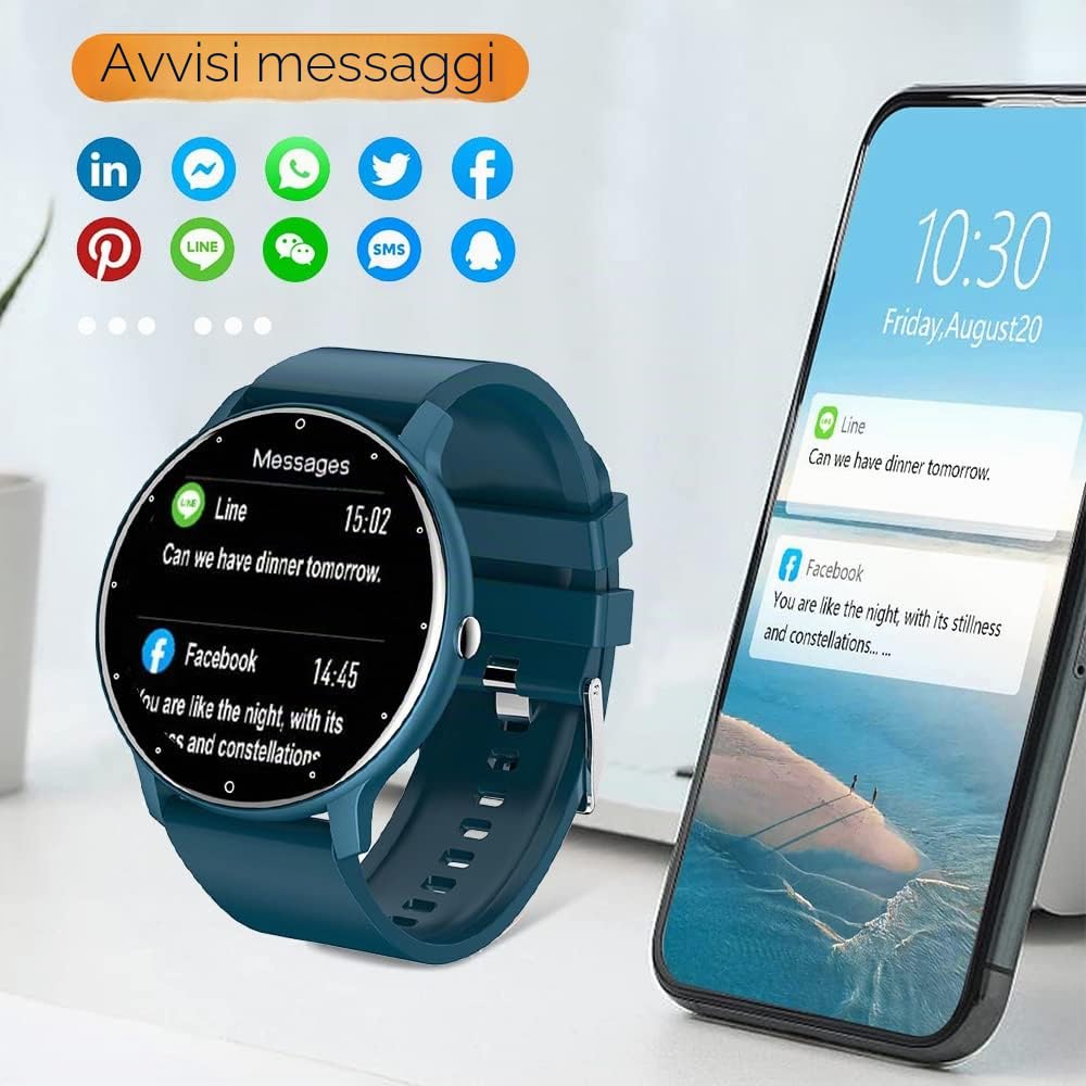 0,8cm Ultra Sottile Orologio Intelligente Tracker di Fitness Contapassi con Funzioni Monitoraggio di Frequenza Cardiaca, Pressione Sanguigna, Ossigeno nel Sangue e Sonno, Notifica Push Messaggio
