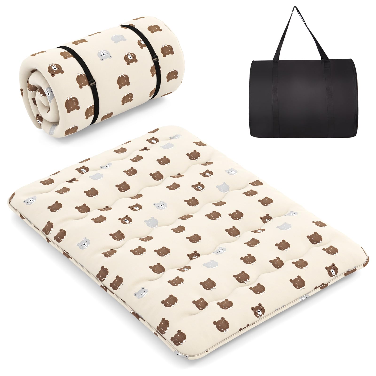 LIFEZEAL Futon Giapponese da Pavimento, Singolo 90x200cm, Materasso Futon da Terra, Tatami Cotone, Arrotolabile, Portatile, Pieghevole, con Fodera Lavabile, Borsa per Campeggio, Motivo a Orsetti