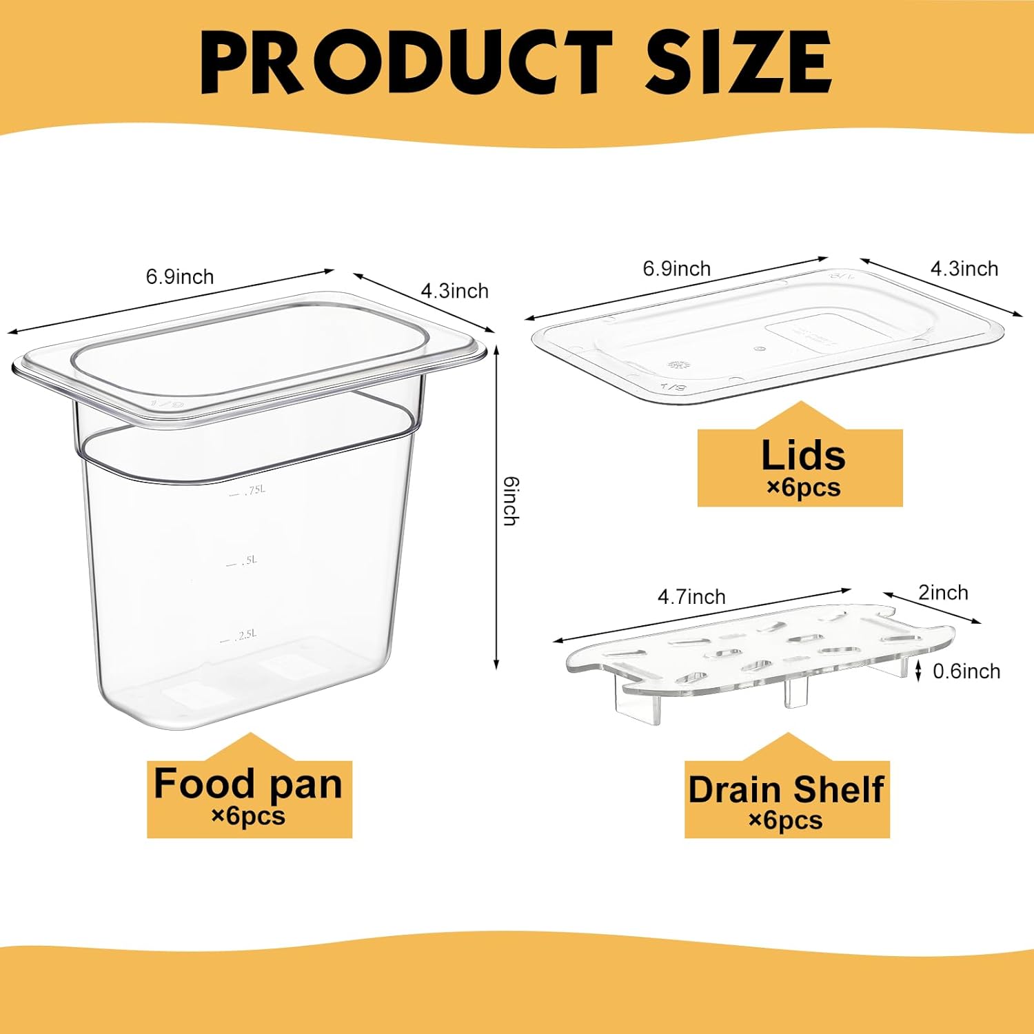 Sunnyray 6 Set 1/9 Size Polycarbonate Food Pans with Lids and Drain Shelf Deep Square Food Storage Containers for Kitchen Restaurant Fruit Vegetable Food Storage (6 inch deep) - Image 3
