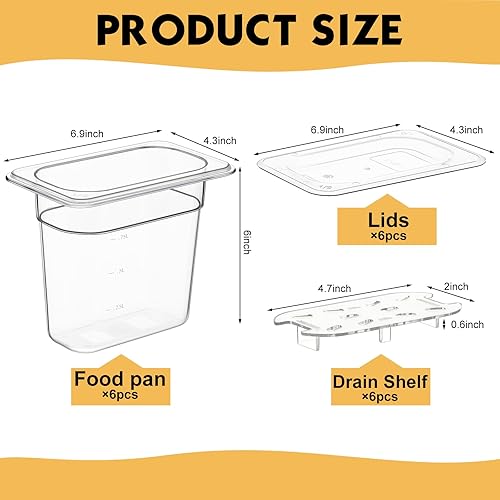 Miniatura 3 de Sunnyray Juego de 6 sartenes de policarbonato de tamaño 1/9 con tapas y estante de drenaje, recipientes cuadrados profundos para almacenamiento de