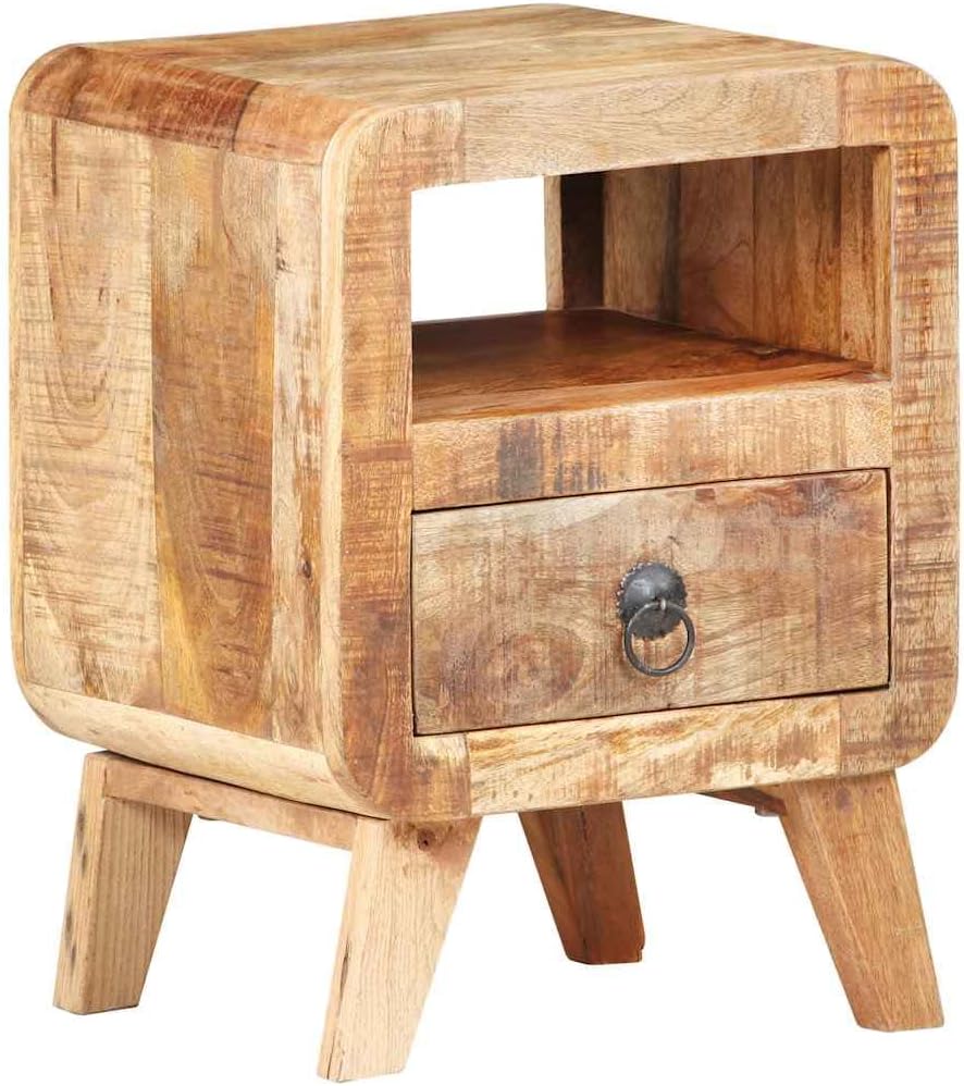 Solid Mango Wood Bedside Cabinet 11.8x11.8x16.1 in Nightstand Side Table with Drawer Rustic Finish Handcrafted Furniture for Bedroom Living Room Storage