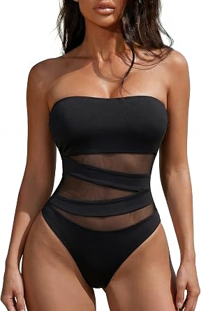 Holipick Women Strapless Bandeau One Piece Swimsuits Sexy Mesh Cutout Bathing Suits Tummy Control Swimwear