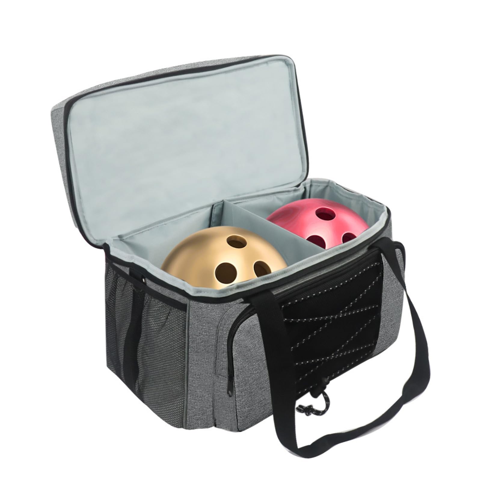 Bolsa de bolos con dos bolas, compartimento superior para zapatos con capacidad para un par de zapatos de hasta la talla 16, interior equipado con correas acolchadas ajustables para los