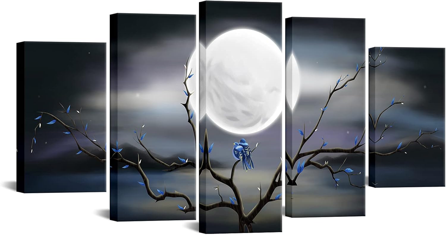 sechars 5 Pieces Canvas Prints Wall Art Big Full Moon over Ocean Landscape Painting Tree Love Birds Modern Abstact Pictures for Living Room Home Decor Gallery Wrap Ready to Hang (5 Pieces)