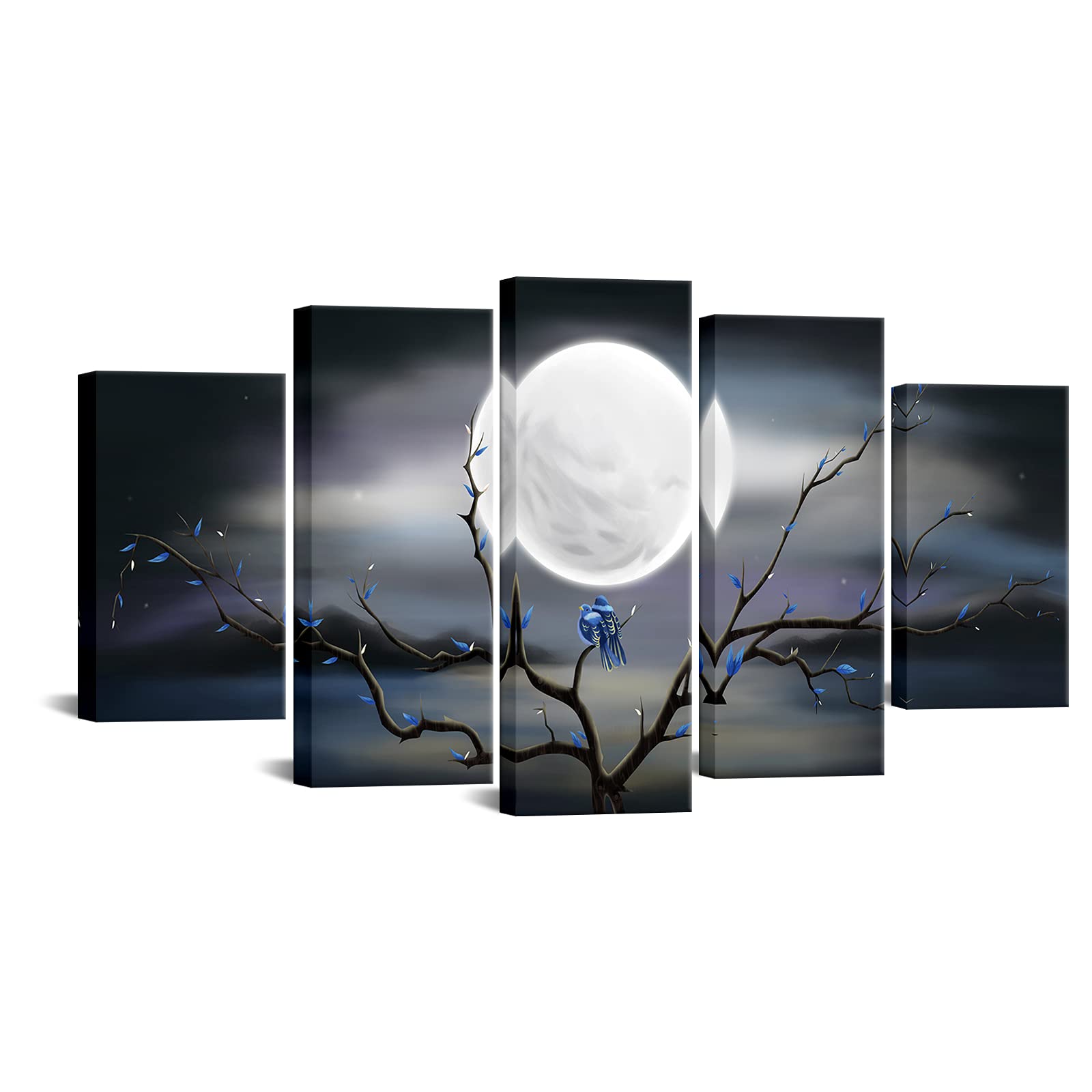 Photo 1 of **NEW**   sechars 5 Pieces Canvas Prints Wall Art Big Full Moon over Ocean Landscape Painting Tree Love Birds Modern Abstact Pictures for Living Room Home Decor Gallery Wrap Ready to Hang (5 Pieces)